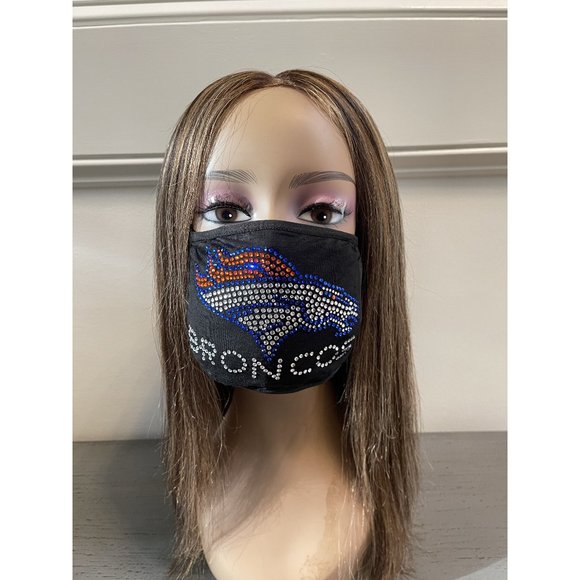 Denver Broncos Bling Rhinestone Face Mask Front Logo Clear Letters - Picture 7 of 10